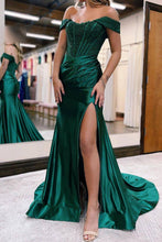 Load image into Gallery viewer, Mermaid Off The Shoulder Sweep Train Long Satin Prom Dress With Slit
