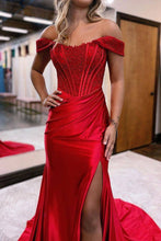 Load image into Gallery viewer, Mermaid Off The Shoulder Sweep Train Long Satin Prom Dress With Slit
