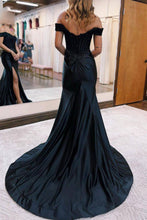Load image into Gallery viewer, Mermaid Off The Shoulder Sweep Train Long Satin Prom Dress With Slit

