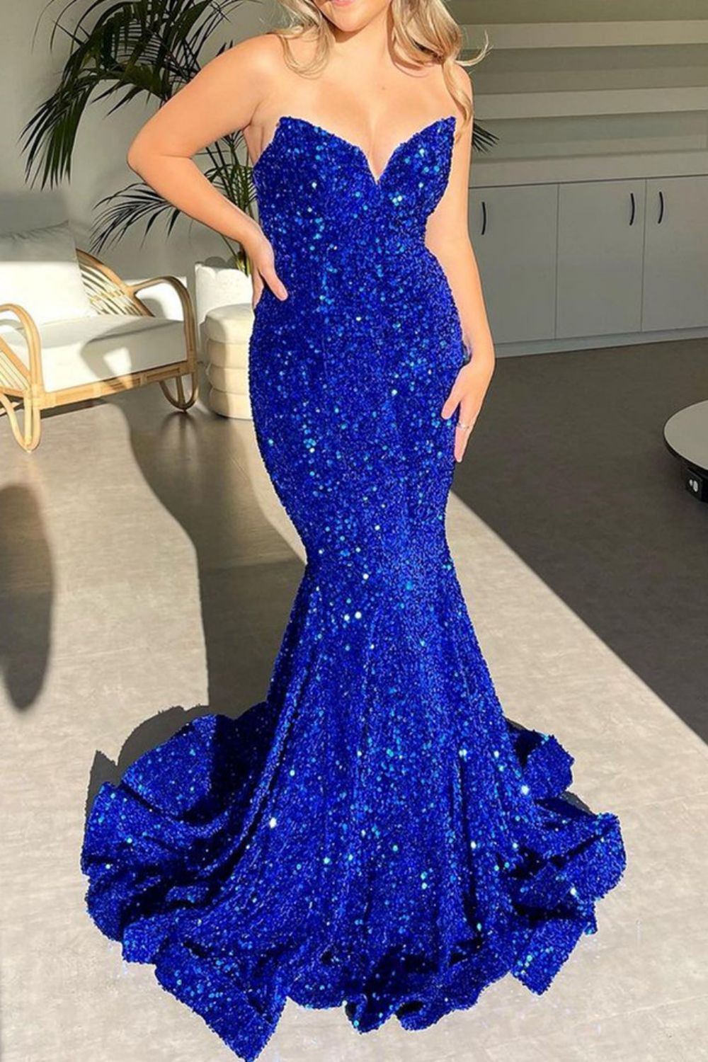 Luuvis Women Royal Blue Sparkly Sequin Strapless Long Corset Prom Dress