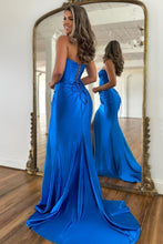 Load image into Gallery viewer, Satin Royal Blue Mermaid Strapless Lace Up Long Prom Dress With Split