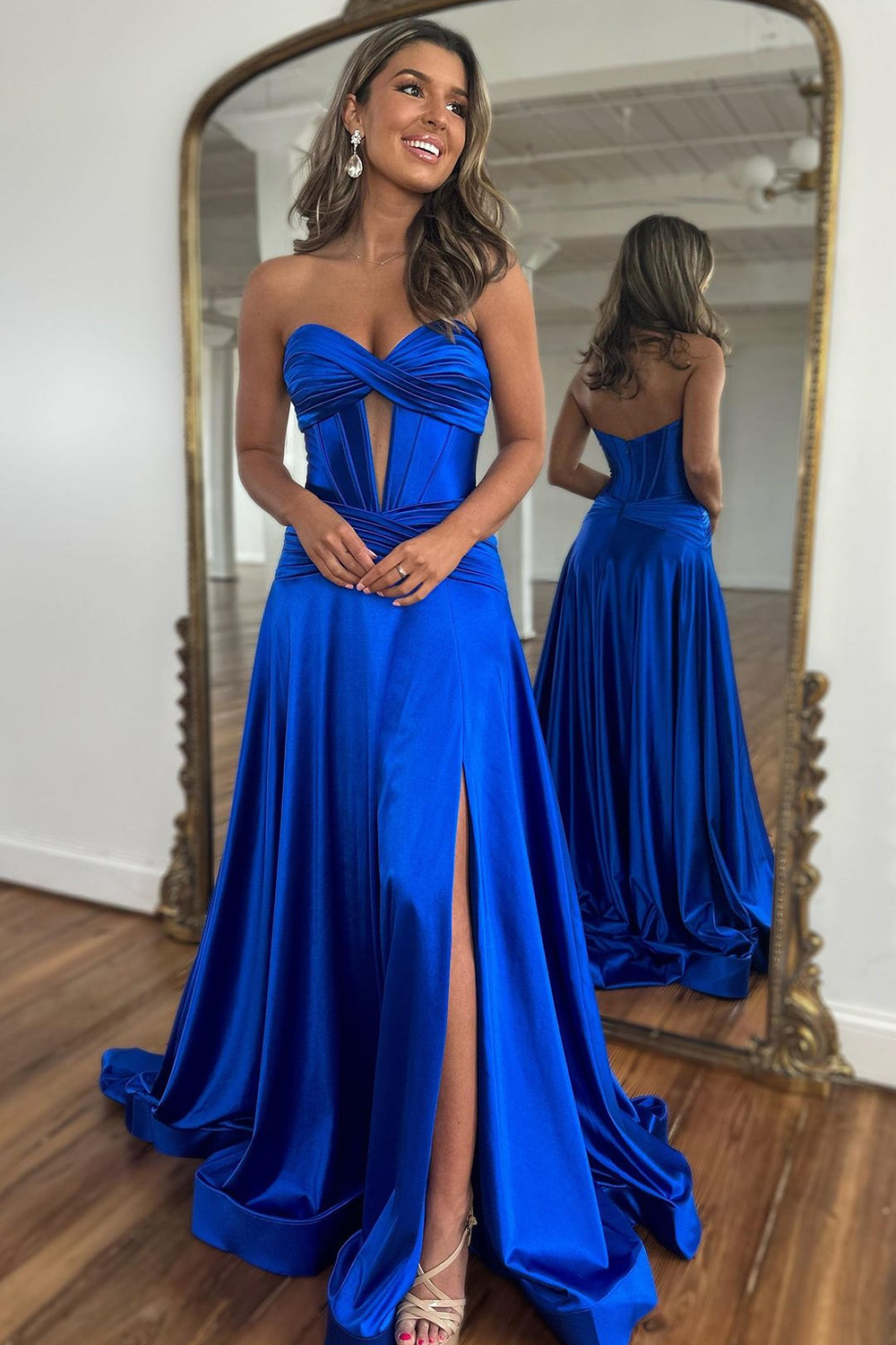 Luuvis Royal Blue Satin A-Line Strapless Long Prom Dress With Split Luuvis Royal Blue Satin A-Line Strapless Long Prom Dress With Split