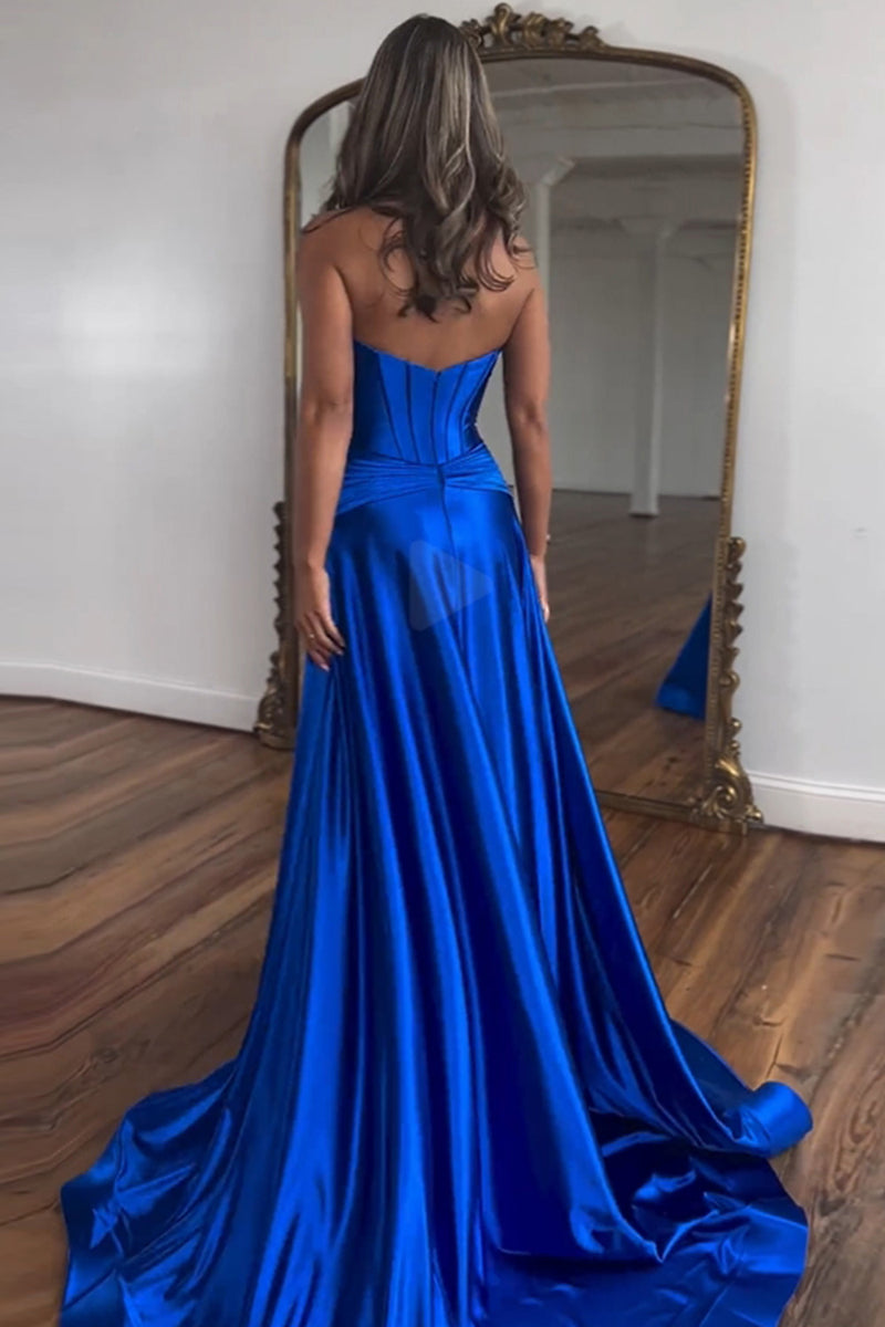 Luuvis Royal Blue Satin A-Line Strapless Long Prom Dress With Split