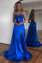Load image into Gallery viewer, Royal Blue Satin A-Line Strapless Long Prom Dress With Split