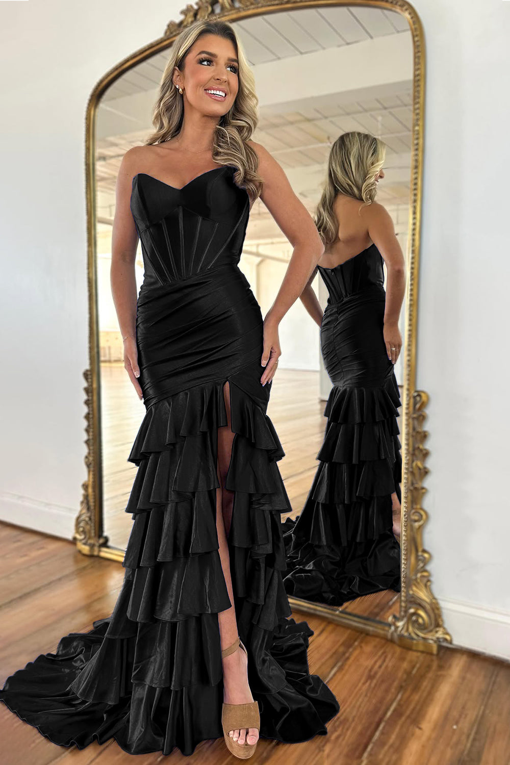 Charming Long Blue Mermaid Sleeveless Satin Prom Dress With Slit main image 0