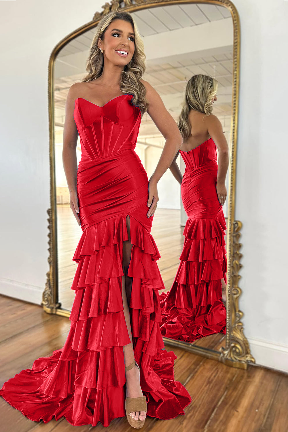 Blue Strapless Beaded Ruffle Tiered Mermaid Prom Dresses With Slit main image 0