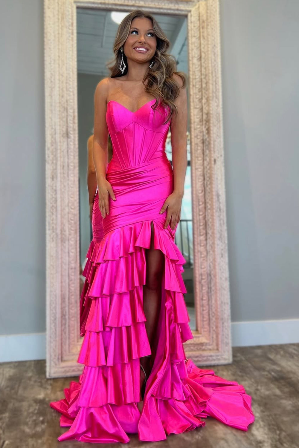 Royal Blue Satin Beaded Strapless Long Prom Dresses with Slit VK23112212 main image 1