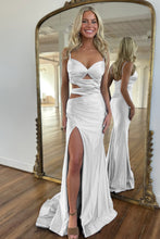 Load image into Gallery viewer, Dark Green Mermaid Spaghetti Straps Cutout Waist Long Satin Prom Dress
