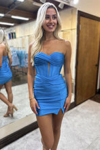 Load image into Gallery viewer, Royal Blue Sweetheart Bodycon Short Satin Homecoming Dress With Slit
