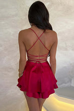 Load image into Gallery viewer, Stylish A-Line Spaghetti Straps Lace Up Short Tiered Satin White Graduation Dress
