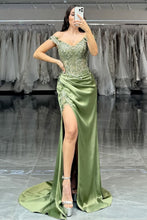 Load image into Gallery viewer, Sage Green Mermaid Off The Shoulder Long Satin Formal Dress with Sequined Appliques
