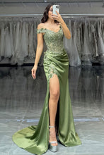 Load image into Gallery viewer, Sage Green Mermaid Off The Shoulder Long Satin Formal Dress with Sequined Appliques
