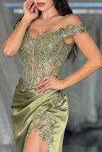 Load image into Gallery viewer, Sage Green Mermaid Off The Shoulder Long Satin Formal Dress with Sequined Appliques
