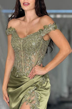 Load image into Gallery viewer, Sage Green Mermaid Off The Shoulder Long Satin Formal Dress with Sequined Appliques
