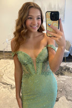 Load image into Gallery viewer, Sage Green Off-Shoulder Beaded Homecoming Dress with Sheer Corset Bodice
