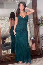 Load image into Gallery viewer, Sark Green Mermaid Spaghetti Straps Backless Long Prom Dress With Appliques
