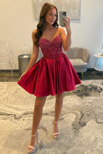 Load image into Gallery viewer, Satin Homecoming Dress with Beaded Corset Bodice and Sweetheart Neckline

