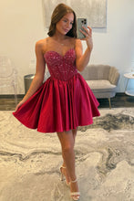 Load image into Gallery viewer, Satin Homecoming Dress with Beaded Corset Bodice and Sweetheart Neckline
