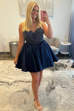 Load image into Gallery viewer, Satin Homecoming Dress with Beaded Corset Bodice and Sweetheart Neckline
