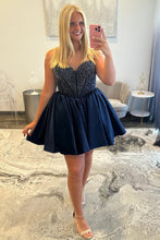 Load image into Gallery viewer, Satin Homecoming Dress with Beaded Corset Bodice and Sweetheart Neckline
