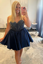 Load image into Gallery viewer, Satin Homecoming Dress with Beaded Corset Bodice and Sweetheart Neckline
