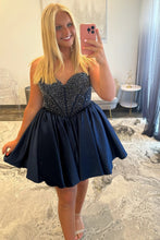 Load image into Gallery viewer, Satin Homecoming Dress with Beaded Corset Bodice and Sweetheart Neckline
