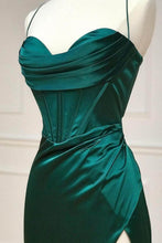 Load image into Gallery viewer, Satin Mermaid Spaghetti Straps Lace Up Dark Green Long Prom Dress With Split