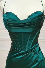 Load image into Gallery viewer, Satin Mermaid Spaghetti Straps Lace Up Dark Green Long Prom Dress With Split