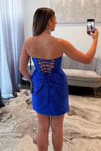 Load image into Gallery viewer, Satin Lace Up Homecoming Dress with Ruched Skirt and Corset Bodice
