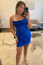 Load image into Gallery viewer, Satin Lace Up Homecoming Dress with Ruched Skirt and Corset Bodice
