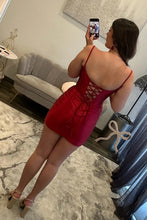 Load image into Gallery viewer, Stunning Sheath Spaghetti Straps Red Corset Homecoming Dress with Ruched