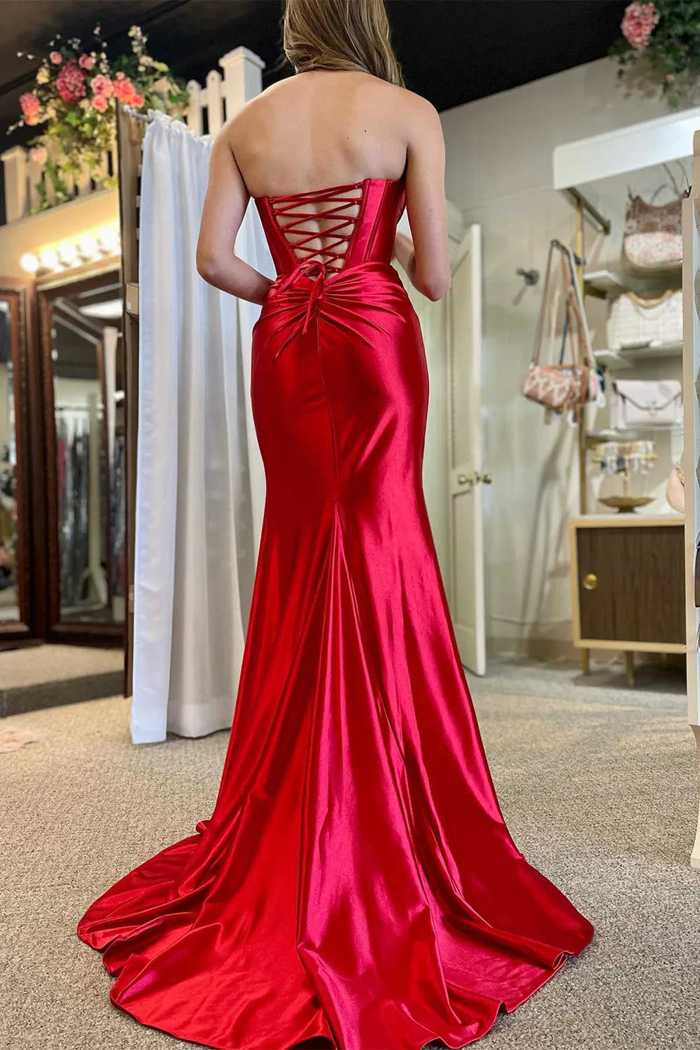 Luuvis Satin Royal Blue Mermaid Strapless Lace Up Long Prom Dress With Split Luuvis Satin Royal Blue Mermaid Strapless Lace Up Long Prom Dress With Split