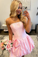 Load image into Gallery viewer, Elegant A Line Strapless Fuchsia Corset Homecoming Dress with 3D Flowers Pearls