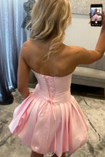 Load image into Gallery viewer, Elegant A Line Strapless Fuchsia Corset Homecoming Dress with 3D Flowers Pearls