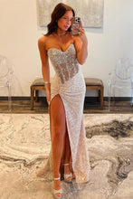 Load image into Gallery viewer, Sparkly Mermaid Sweetheart Champagne Corset Prom Dress with Beading