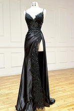 Load image into Gallery viewer, Sexy Black Mermaid Spaghetti Straps Lace Up Back Long Prom Dress With High Slit
