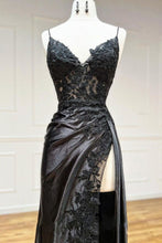 Load image into Gallery viewer, Sexy Black Mermaid Spaghetti Straps Lace Up Back Long Prom Dress With High Slit
