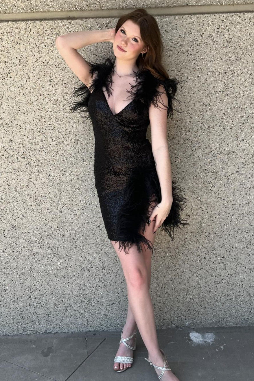 Luuvis Woman Sexy Black V-Neck Short Glitter Homecoming Dress With Feather