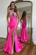 Load image into Gallery viewer, Fuchsia Satin Mermaid Halter Long Sexy Prom Dress With Split
