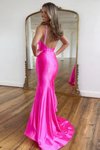 Load image into Gallery viewer, Fuchsia Satin Mermaid Halter Long Sexy Prom Dress With Split
