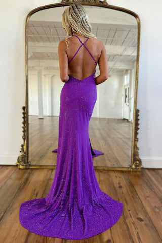 Sexy Purple Deep V-Neck Cross Back Glitter Corset Prom Dress with Split