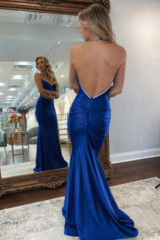 Sexy Royal Blue Mermaid Open Back Long Satin Prom Dress