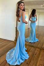 Load image into Gallery viewer, Glitter Light Blue Spaghetti Straps Zipper Back Long Beaded Prom Dress