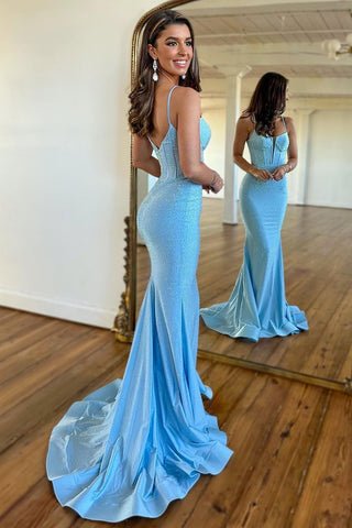 Glitter Light Blue Spaghetti Straps Zipper Back Long Beaded Prom Dress