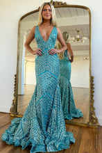 Load image into Gallery viewer, Sparkly Sequin Mermaid V-Neck Open Back Long Prom Dress
