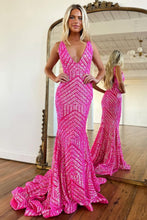 Load image into Gallery viewer, Sparkly Sequin Mermaid V-Neck Open Back Long Prom Dress
