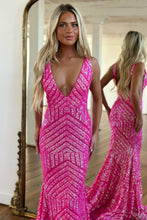 Load image into Gallery viewer, Sparkly Sequin Mermaid V-Neck Open Back Long Prom Dress
