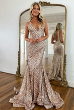 Load image into Gallery viewer, Sparkly Sequin Mermaid V-Neck Open Back Long Prom Dress
