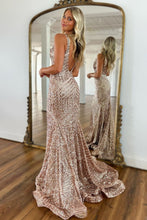 Load image into Gallery viewer, Sparkly Sequin Mermaid V-Neck Open Back Long Prom Dress