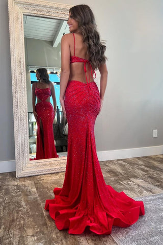 Sexy Black Mermaid Spaghetti Straps Long Beaded Prom Dress with Slit